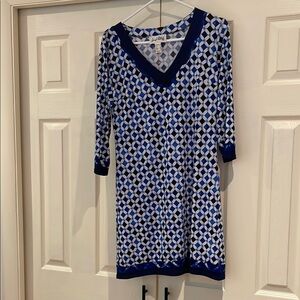 Joseph Ribkoff Blue and White Geometric Dress